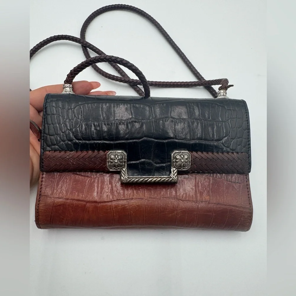 BRIGHTON Large Wallet Organizer Black Brown Croc Embossed Roped Chain